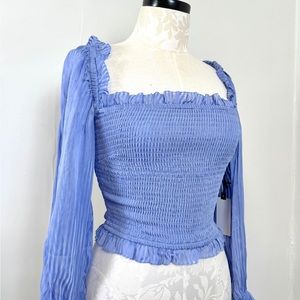 ASTR the Label blue fitted stretchy blouse puffy sleeves stripes ruffles NWT